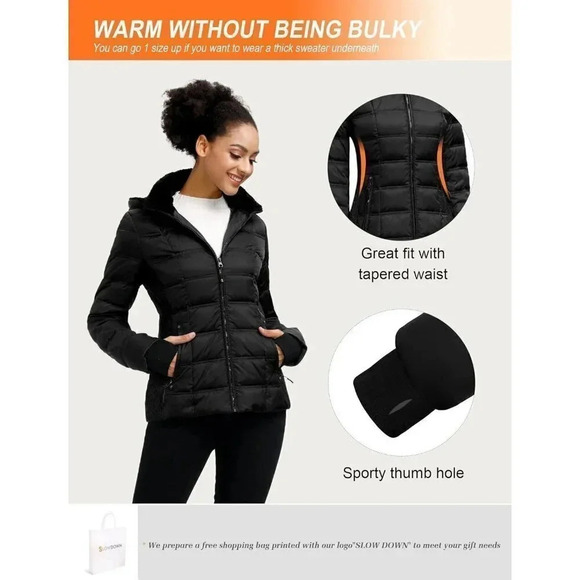 Women  Black Polyester Midweight Warm Faux Fur Hood & Collar Puffer Jacket - Picture 6 of 7